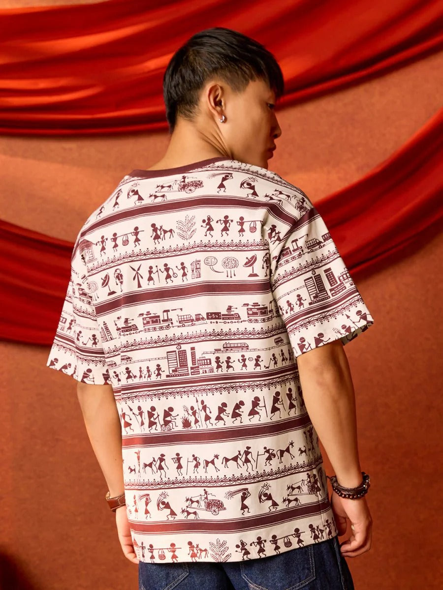 Exofits Pride of India Collection Warli Art Oversized Printed T-Shirt for Men | Premium Cotton Graphic Half Sleeve Tee