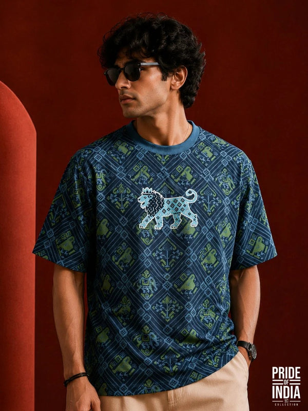 Exofits Pride of India Collection Regal Lion Patola Oversized Printed T-Shirt for Men | Premium Cotton Graphic Half Sleeve Tee