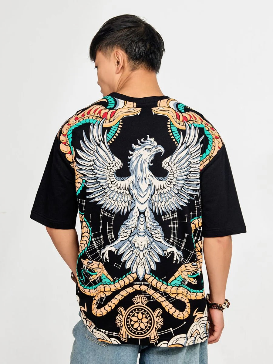 Exofits Garuda Eye Black Oversized Printed T-Shirt for Men | Premium Cotton Graphic Half Sleeve Tee