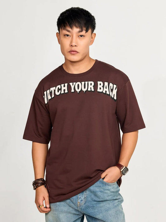 Exofits Watch Your Back Brown Oversized Printed T-Shirt for Men | Premium Cotton Graphic Half Sleeve Tee