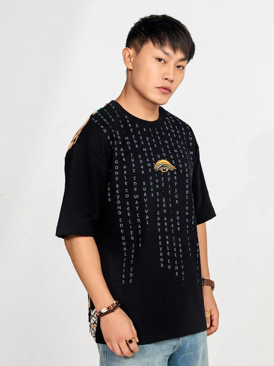Exofits Garuda Eye Black Oversized Printed T-Shirt for Men | Premium Cotton Graphic Half Sleeve Tee