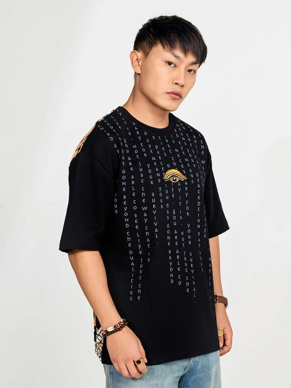 Exofits Garuda Eye Black Oversized Printed T-Shirt for Men | Premium Cotton Graphic Half Sleeve Tee