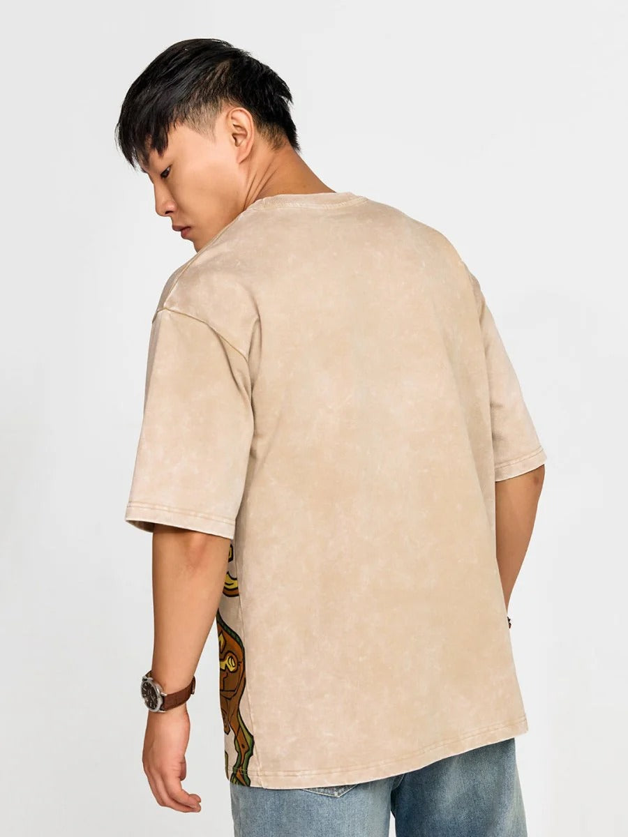 Exofits Unbroken Aztec Bull Beige Oversized Printed T-Shirt for Men | Premium Cotton Graphic Half Sleeve Tee