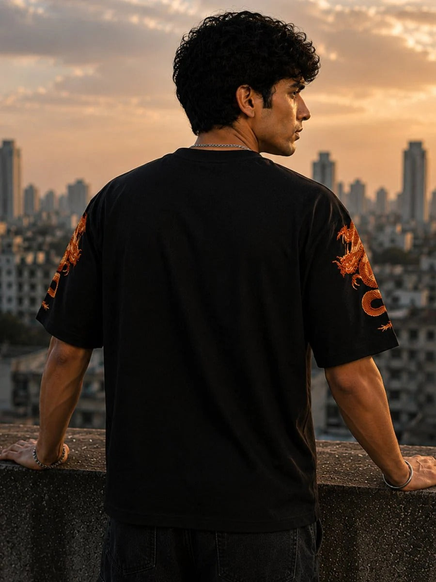 Exofits Unleash The Dragon Black Oversized Printed T-Shirt for Men | Premium Cotton Graphic Half Sleeve Tee