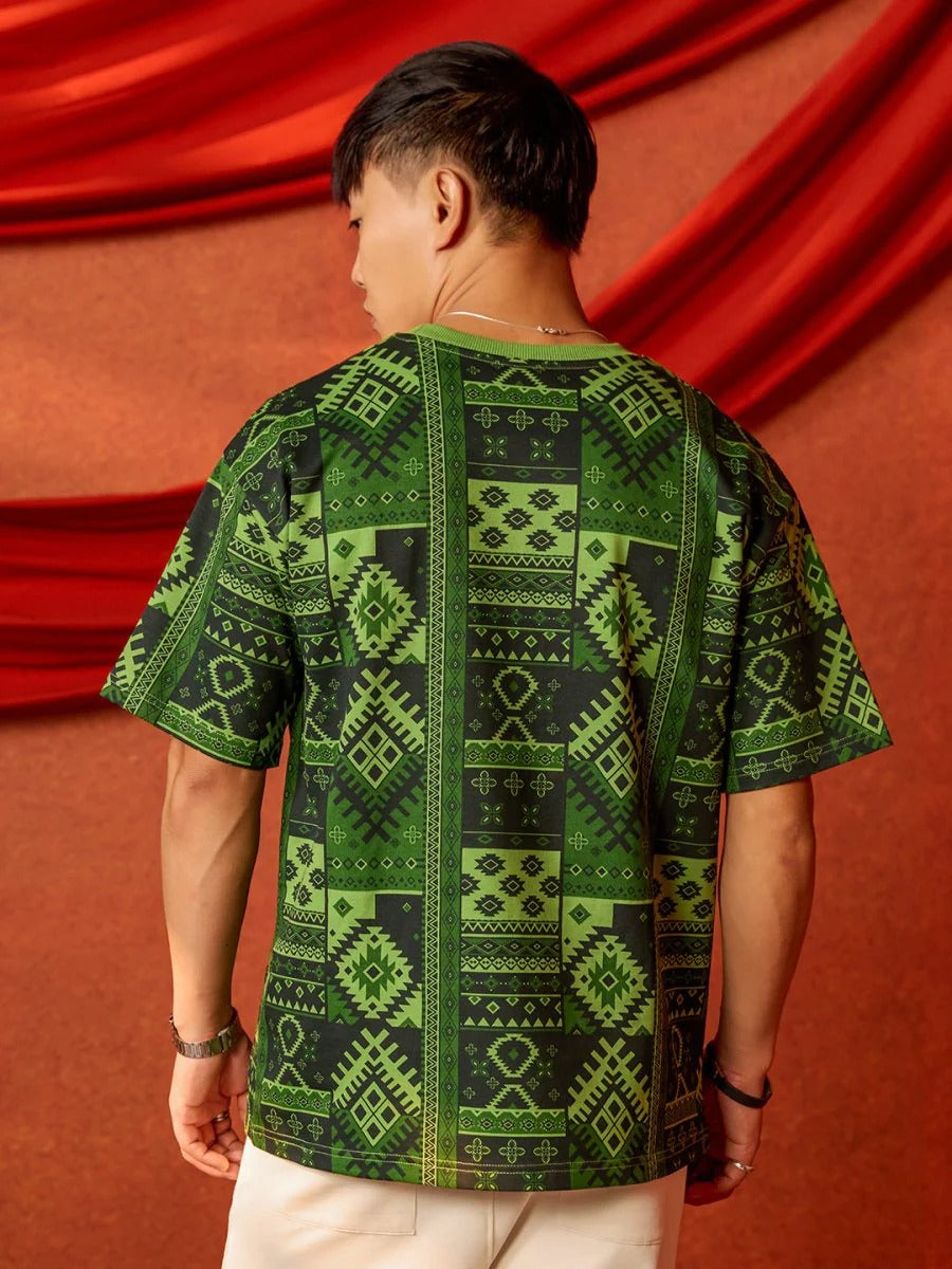 Exofits Pride of India Collection Green Ethnic Oversized Printed T-Shirt for Men | Premium Cotton Graphic Half Sleeve Tee