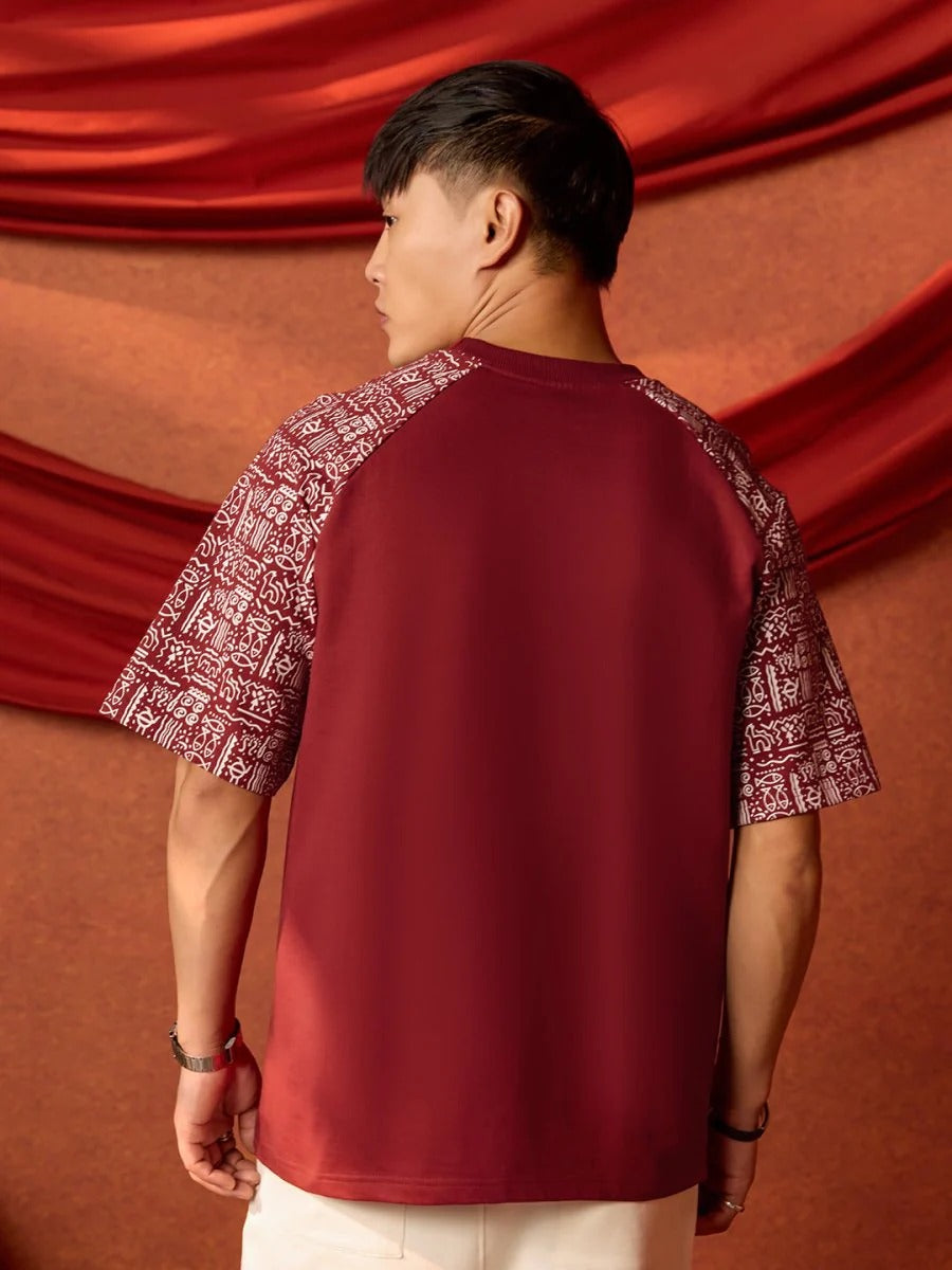 Exofits Pride of India Collection Maroon Oversized Printed T-Shirt for Men | Premium Cotton Casual Half Sleeve Graphic Tee