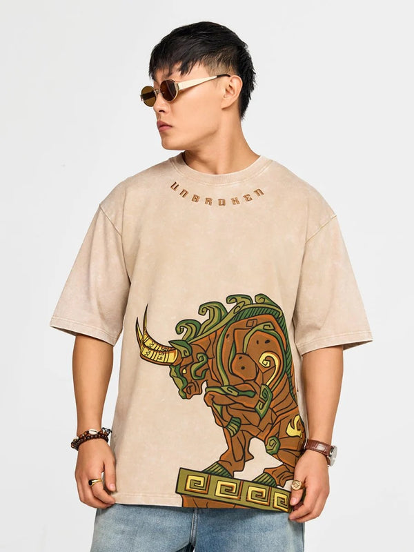 Exofits Unbroken Aztec Bull Beige Oversized Printed T-Shirt for Men | Premium Cotton Graphic Half Sleeve Tee