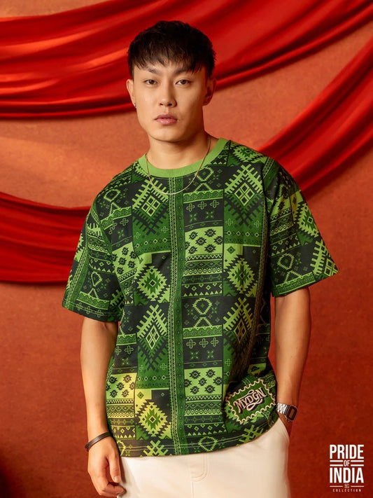 Exofits Pride of India Collection Green Ethnic Oversized Printed T-Shirt for Men | Premium Cotton Graphic Half Sleeve Tee