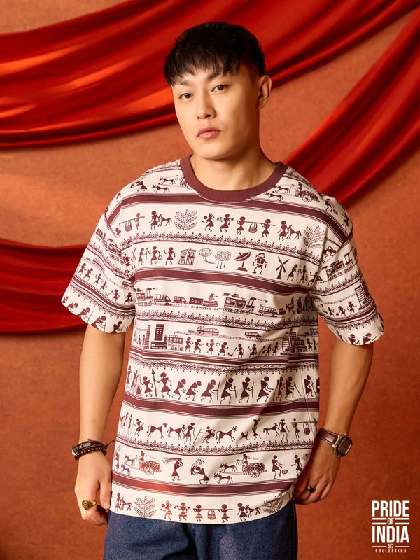 Exofits Pride of India Collection Warli Art Oversized Printed T-Shirt for Men | Premium Cotton Graphic Half Sleeve Tee