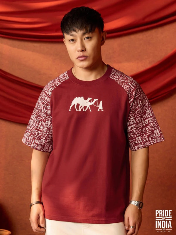 Exofits Pride of India Collection Maroon Oversized Printed T-Shirt for Men | Premium Cotton Casual Half Sleeve Graphic Tee